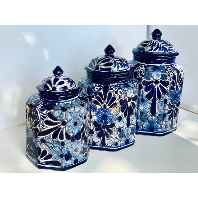 Vintage Mexican Hand Painted Amora Talavera Pottery Canister Set With Lids Set Of 3 Chairish