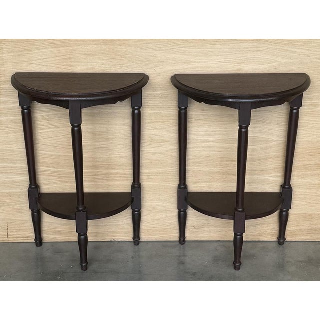 Narrow Demi Lune Convertible Nightstands in Dark Wood with Low Shelves, 1920s, Set of 2 For Sale - Image 4 of 16