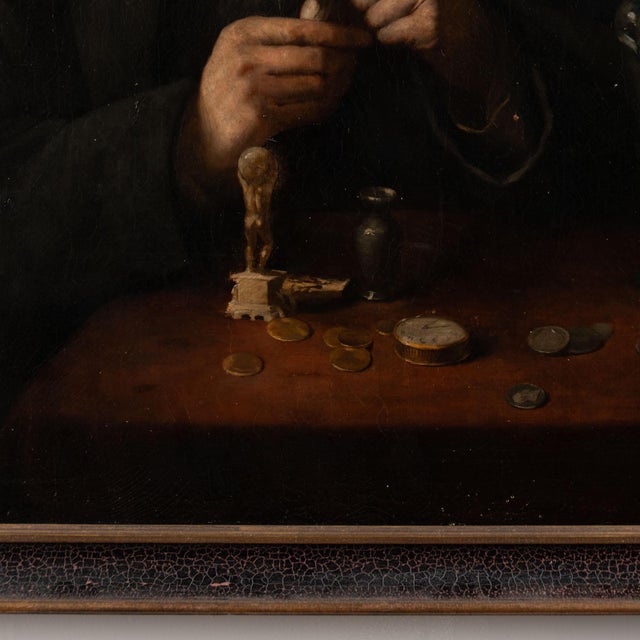 Wood Late 19th Century Original Oil on Canvas Portrait of Old Man and Curiosities For Sale - Image 7 of 14