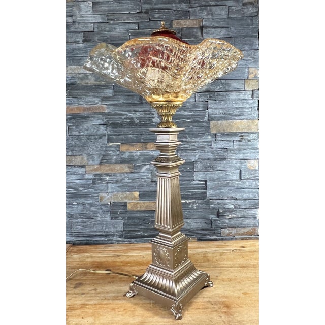 Vintage Stiffel Neoclassical Column Torchiere Lamp With Red and Amber Murano Art Glass Shade For Sale - Image 9 of 12