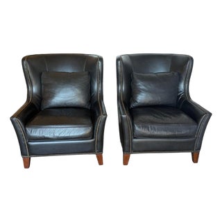 Pair of Thomasville Black Leather Wingback Lounge Chairs For Sale