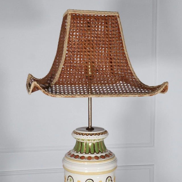 White Monumental Florentine Hand Painted Signed Lamp with Caned Pagoda Shade For Sale - Image 8 of 12
