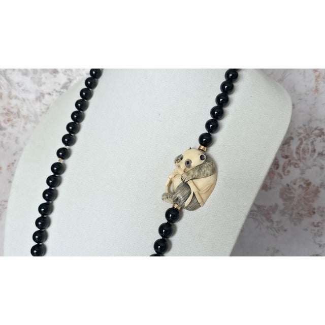 Onyx Vintage Onyx 14k Gold Necklace With Antique Ivory Panda Netsuke For Sale - Image 8 of 9