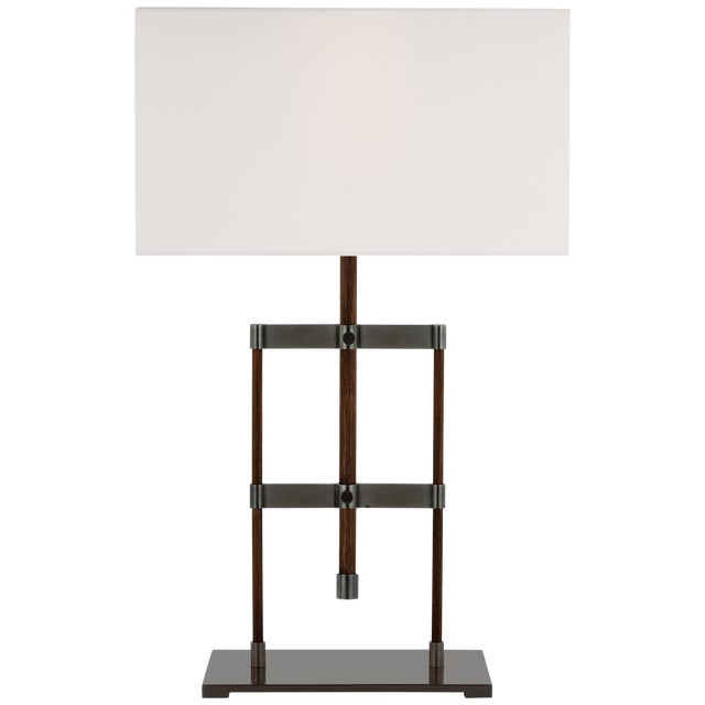 Transitional Ray Booth by Visual Comfort Signature Alda 25" Adjustable Table Lamp in Bronze and Dark Walnut with Linen Shade For Sale - Image 3 of 3