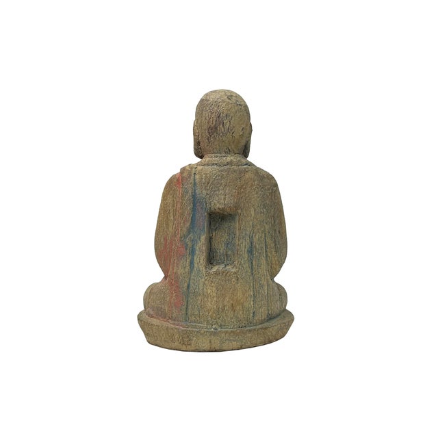 Fade Color Rustic Wood Sitting Monk Lohan Statue For Sale - Image 4 of 5