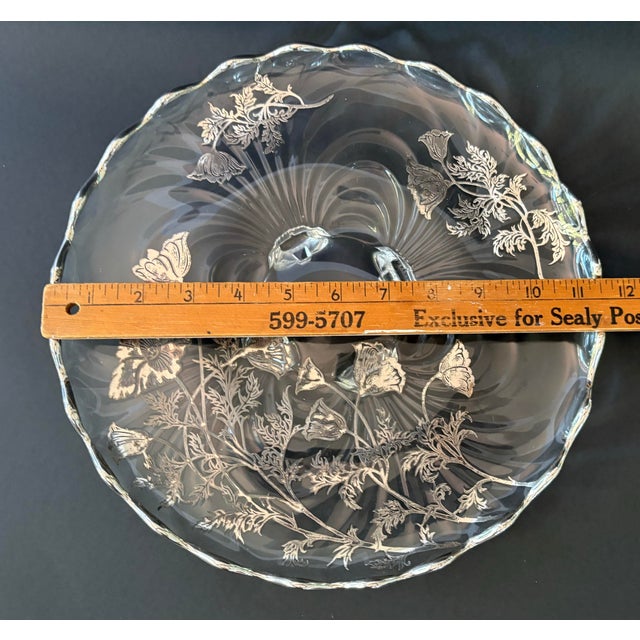 Vintage Silver Poppies Cake Plate by Silver City in the Flanders Clear Pattern, 1940s Pedestal Platter For Sale - Image 9 of 10