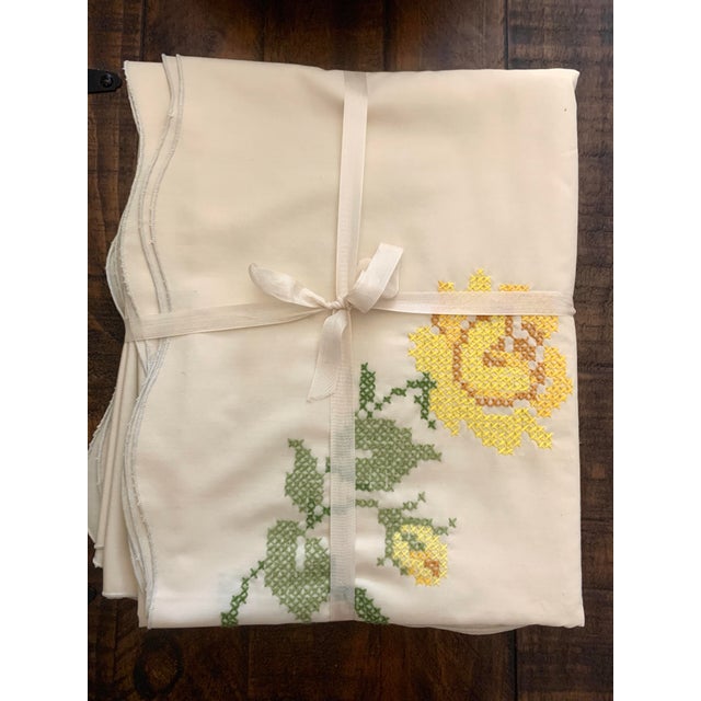 Textile Vintage 1970’s Handmade Cross Stitch Floral Embroidered Tablecloth For Sale - Image 7 of 12