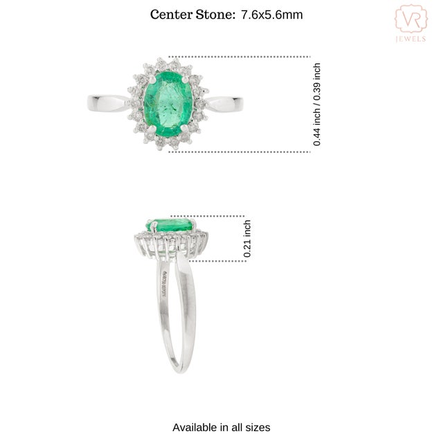 Green 18k White Gold Oval Cut Emerald & Halo Diamonds Cocktail Ring Size 6 For Sale - Image 8 of 12