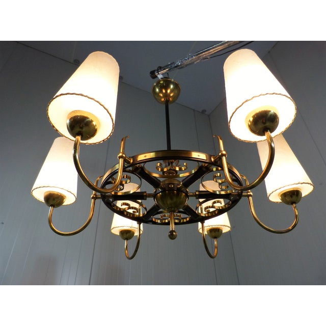 Beautiful large chandelier, Finland. Brass and black frame with 6 arms with large E27 fittings. White polyester shades...