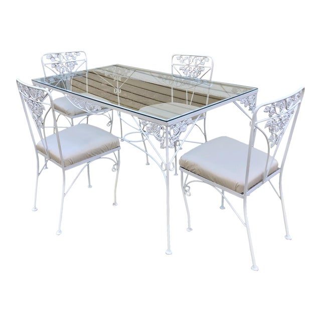 Woodard Mid Century Grapevine Pattern White Wrought Iron Dining Set