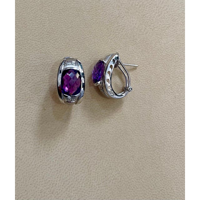 6 Carat Amethyst and Diamond 14 Karat White Gold Earrings, Omega Back For Sale - Image 9 of 18