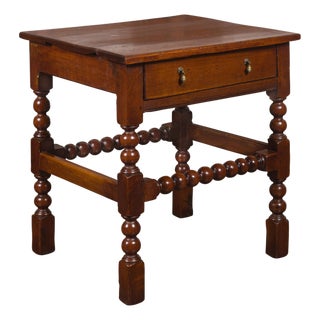 English 1870s Oak Bobbin Leg Side Table with Single Drawer and Stretchers For Sale