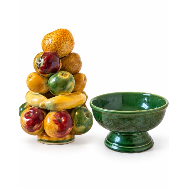 Vintage Italian Glazed Ceramic Fruit Centerpiece With Pedestal Bowl, Mid-Century For Sale - Image 4 of 4