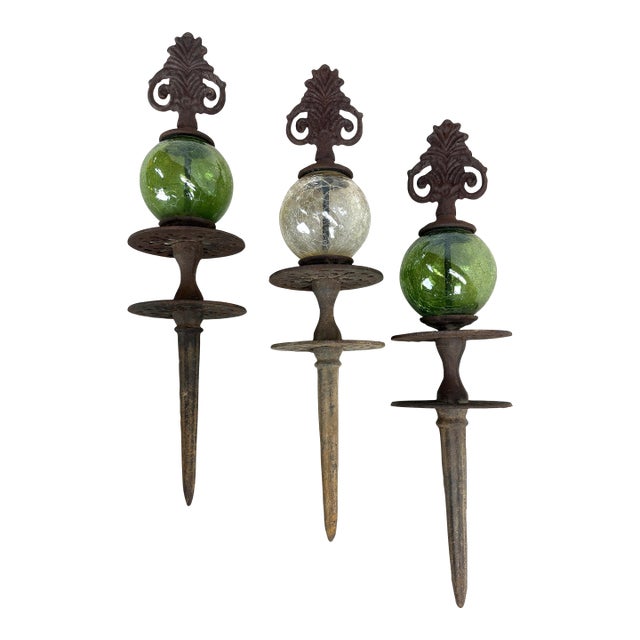 Set of Three Cast Iron and Crackle Glass Hose Guards For Sale