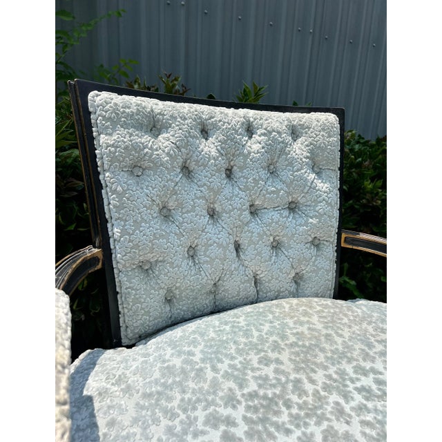 Custom Vintage Louis XVI Blue raised Velvet Floral Bergere Armchair For Sale - Image 4 of 8