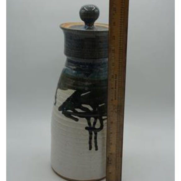 1990s Studio Art Pottery Stoneware Lidded Jar 15" Signed Teal Blue Abstract Brushwork For Sale - Image 5 of 9