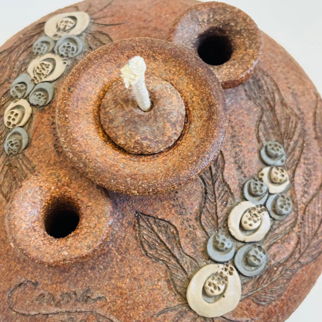 Ceramic Triple Neck Studio Pottery Oil Lamp Vase by Carma, 1984 For Sale - Image 7 of 12
