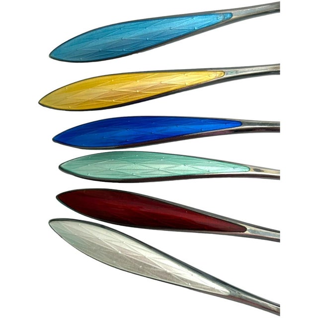 Vintage N M Thune Norway Sterling Silver and Enamel Demitasse Spoons- Set of 6 For Sale - Image 4 of 7