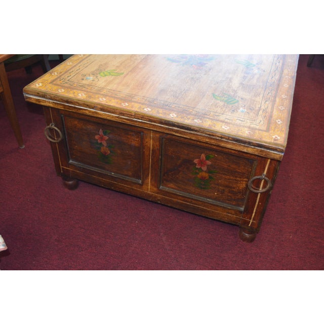 Rustic European 1980s Hand Painted Color Florals Large Wooden Trunk Box / Coffee Table W/Iron Rings For Sale - Image 3 of 13