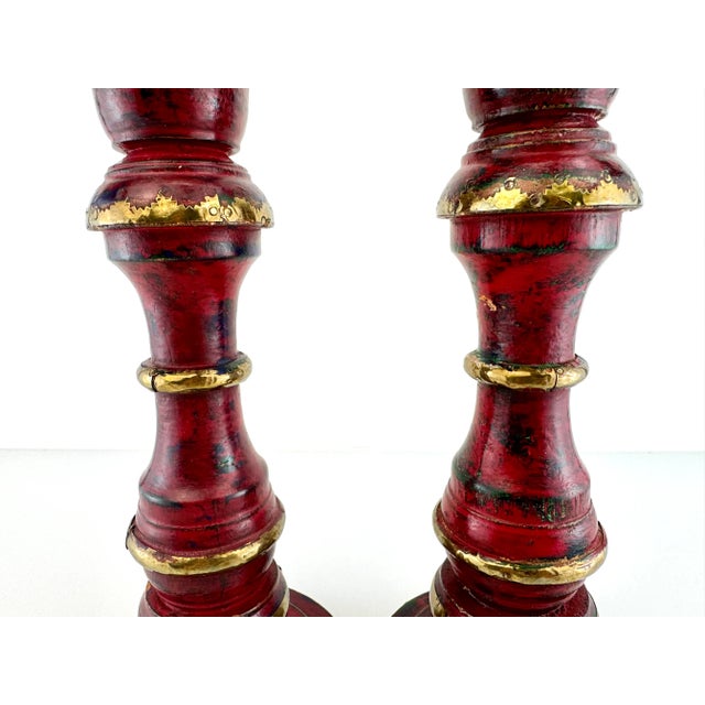 Wood 1970s Pair of Hand-Painted Red and Gold Wooden Candleholders With Brass Trim For Sale - Image 7 of 13