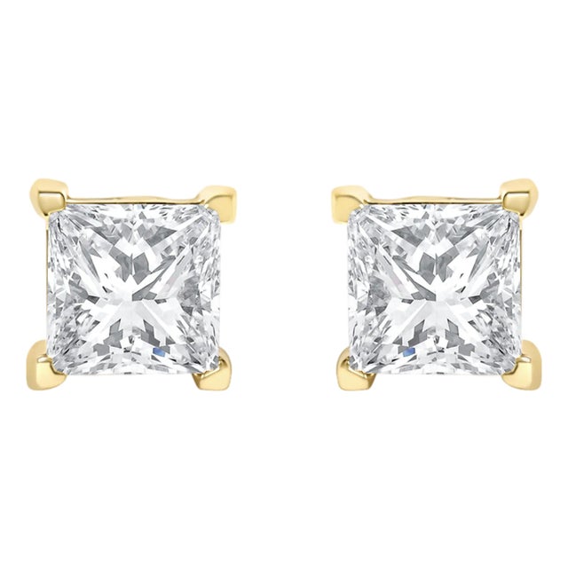IGI Certified 14k Yellow Gold 1/2 cttw 4-Prong Set Princess-Cut Solitaire Diamond Push Back Stud Earrings, A Pair For Sale