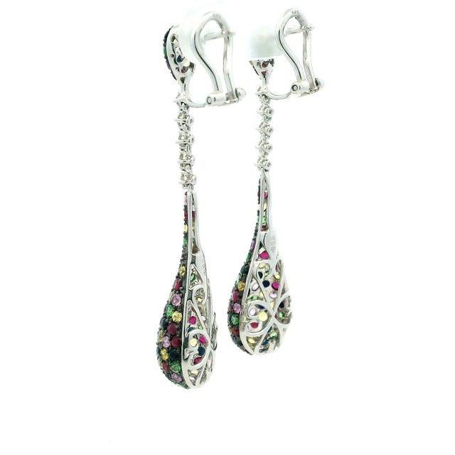 Black Italian 14k White Gold Diamond & Multicolor Sapphire Drop Earrings, A Pair For Sale - Image 8 of 14