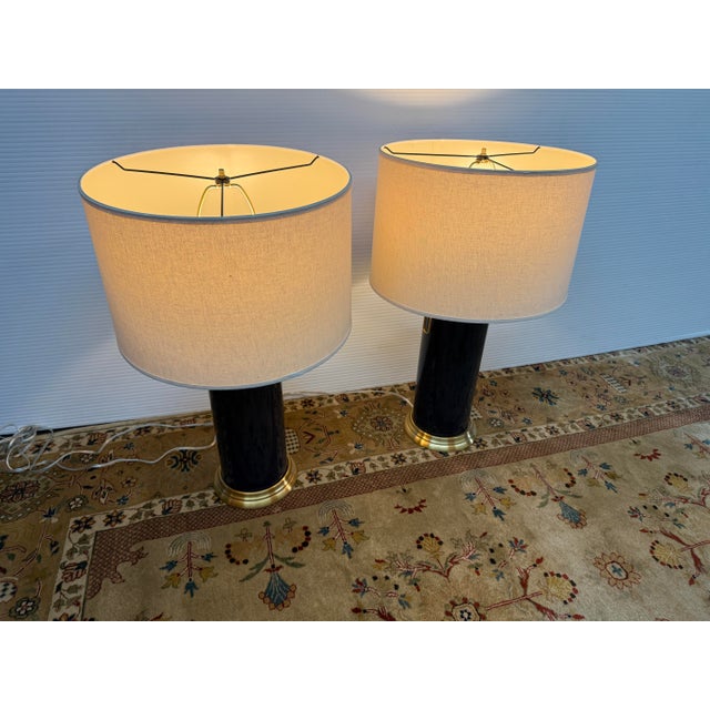Contemporary Pottery Barn Navy Ceramic + Brass Table Lamps, Pair For Sale - Image 3 of 12