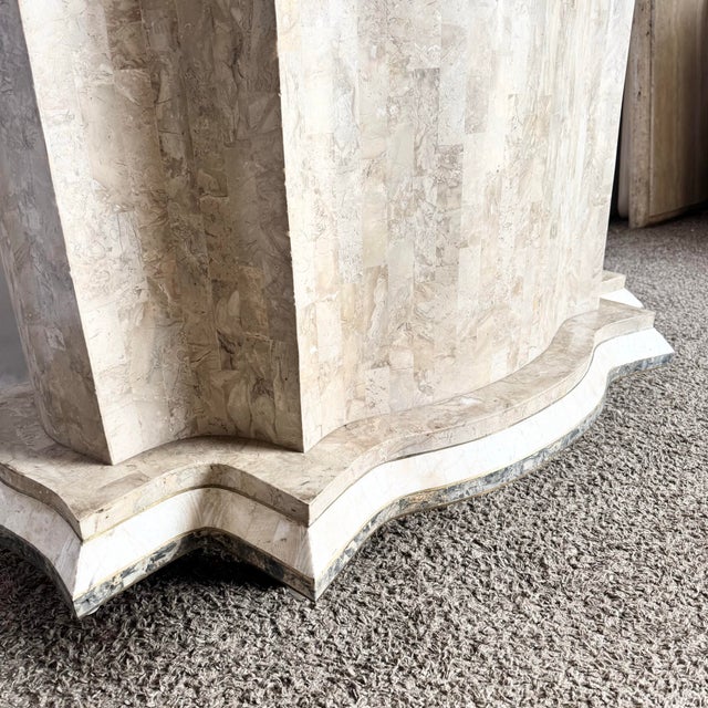 Postmodern Sculpted Grey White and Tan Tessellated Stone Dining Table Base With Brass Inlay For Sale - Image 10 of 10