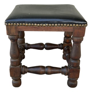 Antique 20th Century Oak and Upholstered Black Leather Seat Footstool For Sale