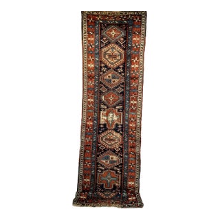 Antique Persian Heriz Serapi Runner Rug, Hand-Knotted Wool, Geometric Pattern, Navy & Red,4x12 For Sale