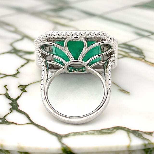 Natural Emerald Diamond Ring Size 6.25 14k W Gold 13.14 TCW Certified For Sale - Image 16 of 18