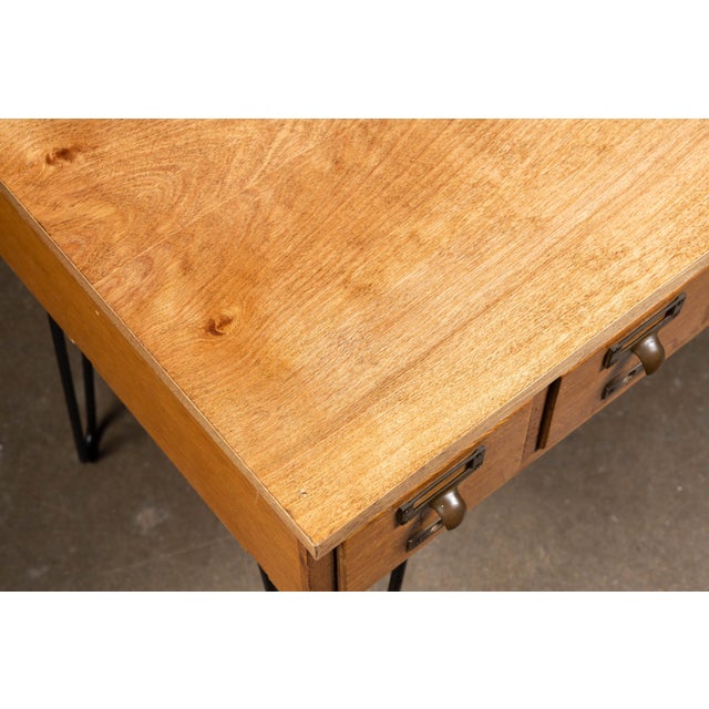 Wood Vintage Oak Card Catalog on Hairpin Legs For Sale - Image 7 of 9