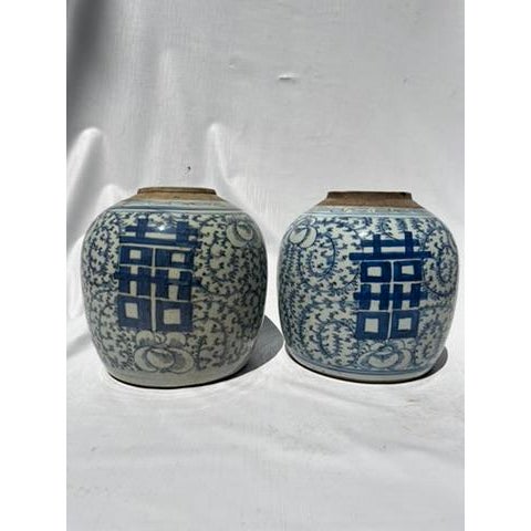 Chinoiserie Antique Chinese Export Porcelain Blue and White Ginger Jars a Pair For Sale - Image 3 of 8
