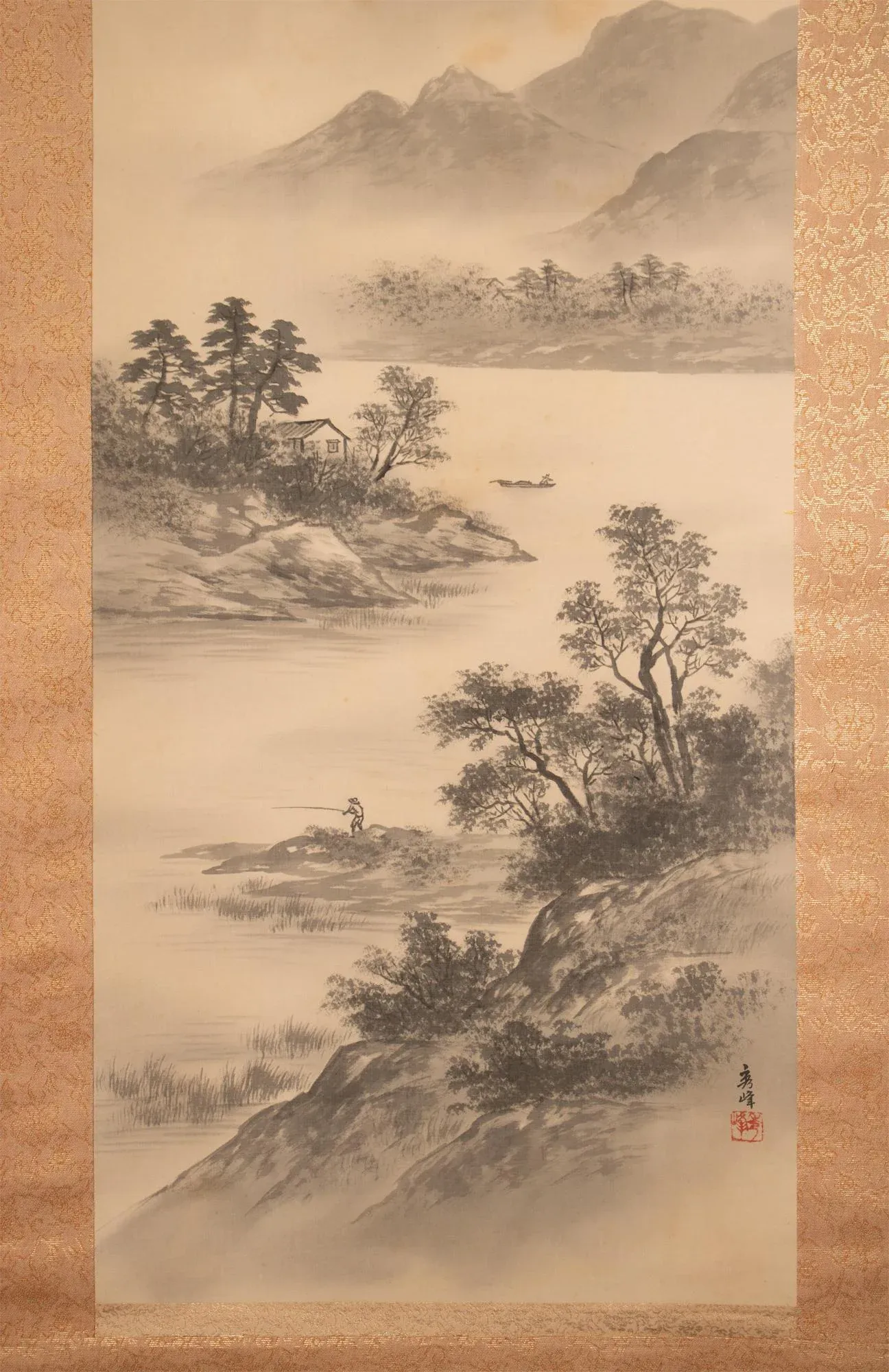 EXPO 水彩画 SHO Pre-1940 Showa Era Japanese Monochrome Silk Scroll Watercolor
