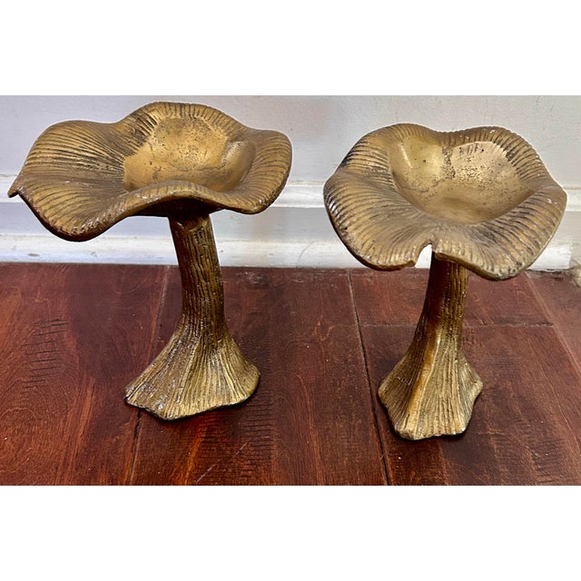 Pair of Sculptural Gilt Metal Mushroom Pedestals — Ideal for Pillar Candle Holders A charming pair of sculptural gold...
