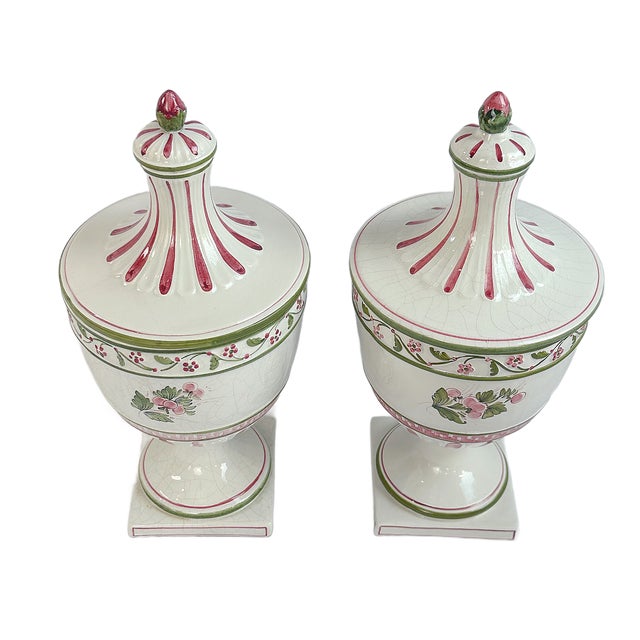 Ceramic Mid 20th Century Italian Meiselman Imports Hand-Painted Pink & Green Lidded Urns – A Pair For Sale - Image 7 of 8