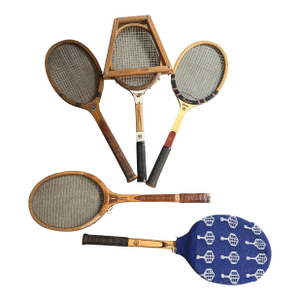 Vintage Collection of Miscellaneous Tennis Rackets With Guard and Hand Knit Cover