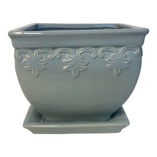Vintage French Blue Planter With Drainage Under Plate For Sale