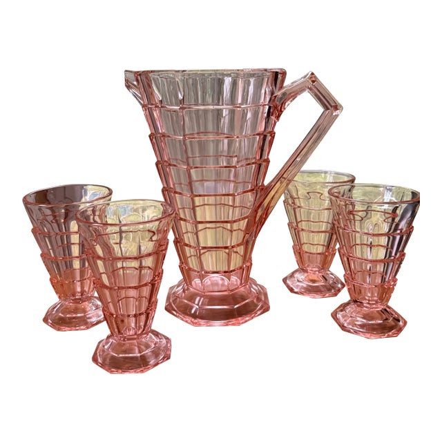 Vintage Pink Indiana Glass Tea Room Pitcher & Tumblers 5pc Set For Sale