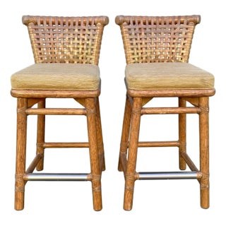 Pair of Vintage McGuire Woven Rattan and Rawhide Counter Height Bar Stools For Sale