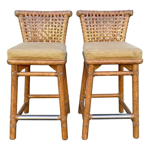 Pair of Vintage McGuire Woven Rattan and Rawhide Counter Height Bar Stools For Sale