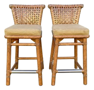Pair of Vintage McGuire Woven Rattan and Rawhide Counter Height Bar Stools