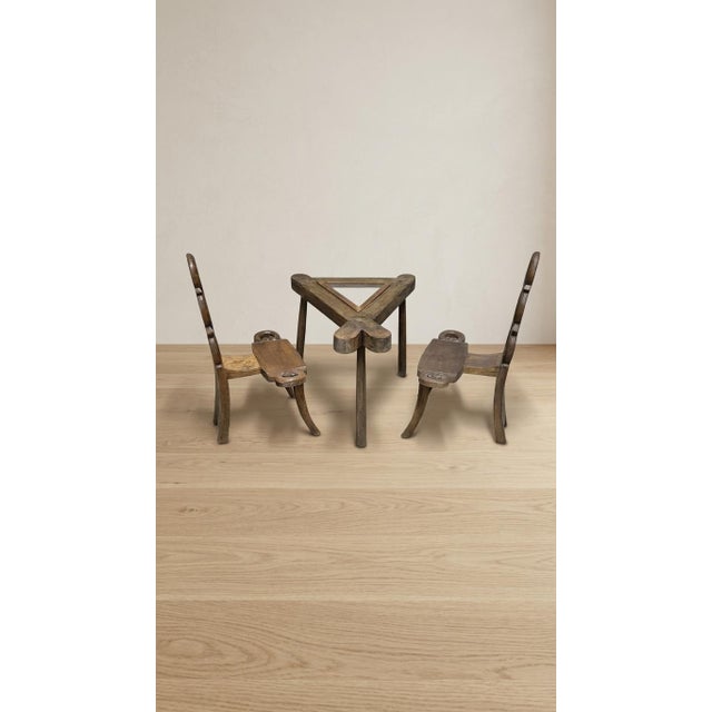 Vintage Sculptural Wooden Table and Two Chairs with Hand-Carved Loop Backrests, 1940s, Set of 3 For Sale - Image 4 of 18