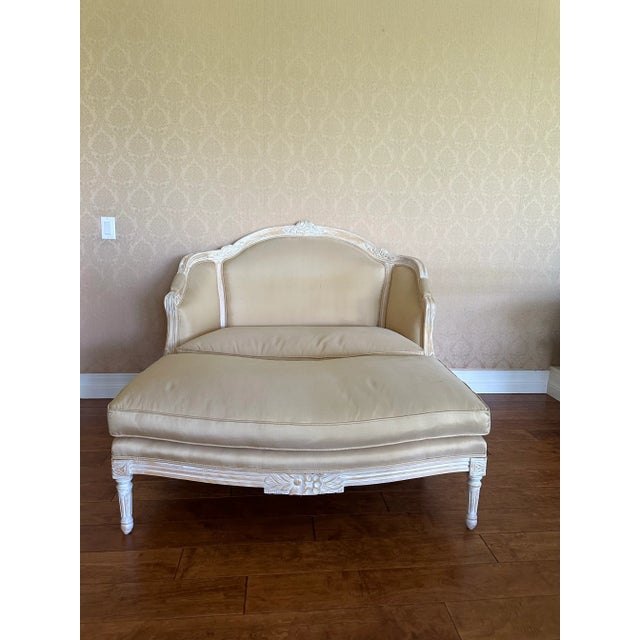 Coquettish French pastel yellow or champagne gold chair and footrest for your bedroom. Great for book nooks too. Matching...