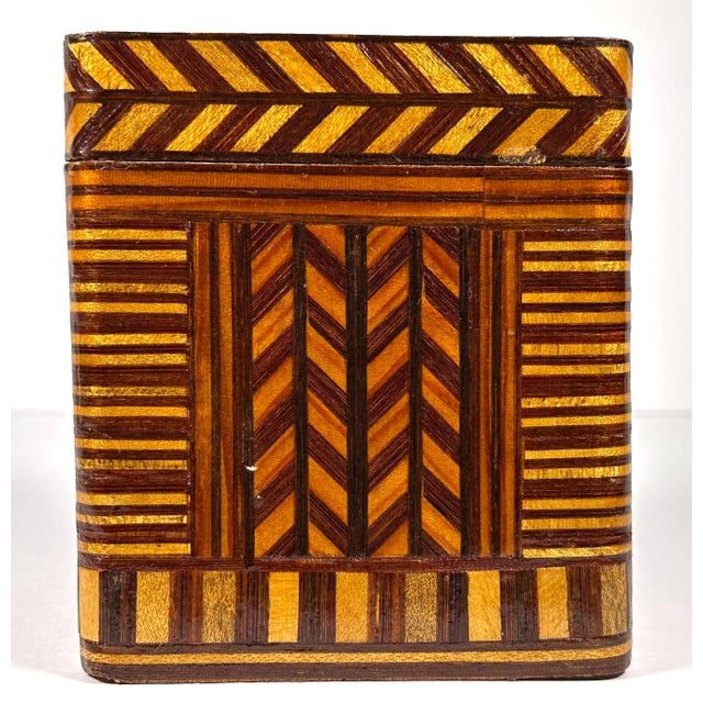 20th C. MCM Parquetry Tea Caddy Humidor Box - Geometric Inlay, Made in China For Sale - Image 4 of 10