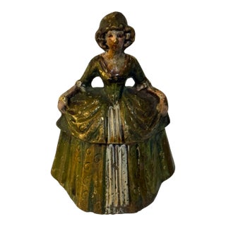 Vintage Hand Painted Figural Lady Bell Cast Iron Southern Belle Green 3.5” Tall For Sale
