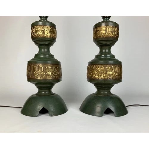 Hollywood Regency James Mont Style Heavy Verdigre & Brass Lamps, 1940s~ Pair For Sale - Image 3 of 6