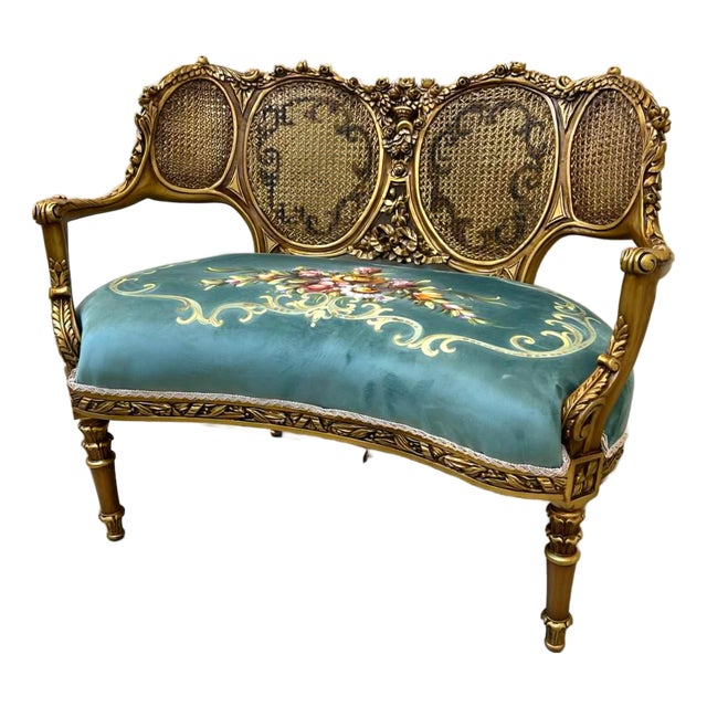 French Louis XV Style Settee – Turquoise Blue Velvet Seat With Floral Motif, Gilt Carved Frame & Cane Back For Sale