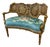 French Louis XV Style Settee – Turquoise Blue Velvet Seat With Floral Motif, Gilt Carved Frame & Cane Back For Sale