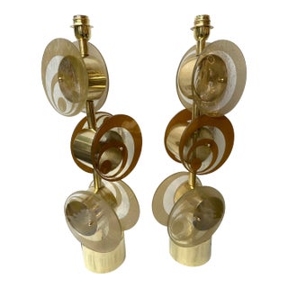 Contemporary Pair of Brass and Murano Glass Spiral Disc Lamps, Italy For Sale